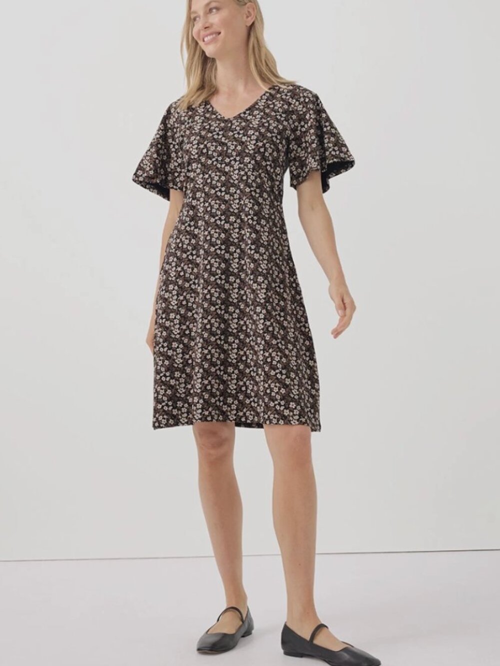 Pact Organic Fit & Flare Easy Dress XL Midnight Floral